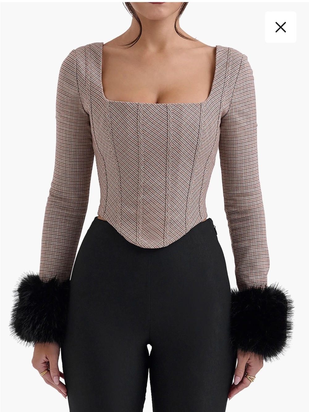 House of CB Antonia Houndstooth Long-Sleeve Corset Top with Black Fur Cuffs